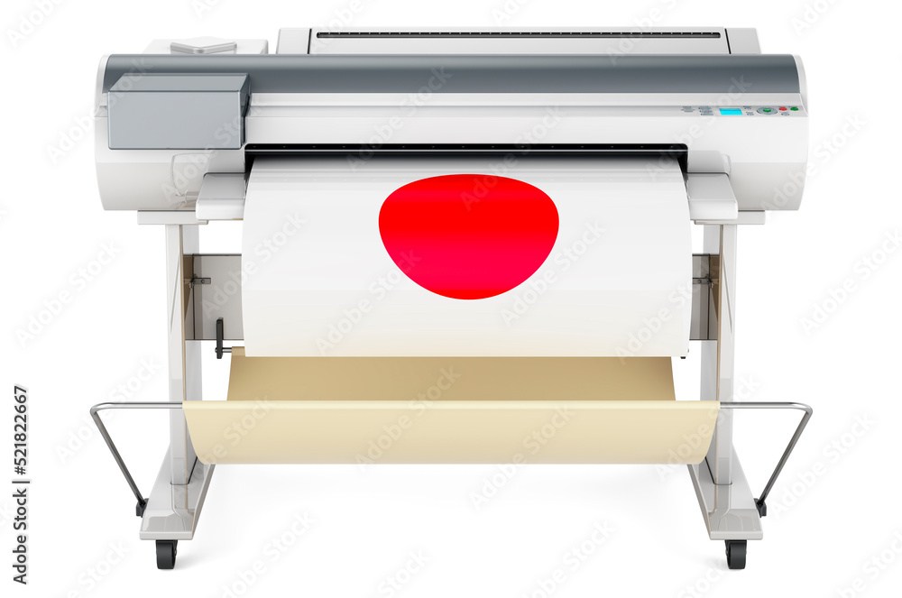 Aufkleber wide format printer, plotter with japanese flag. 3d rendering
