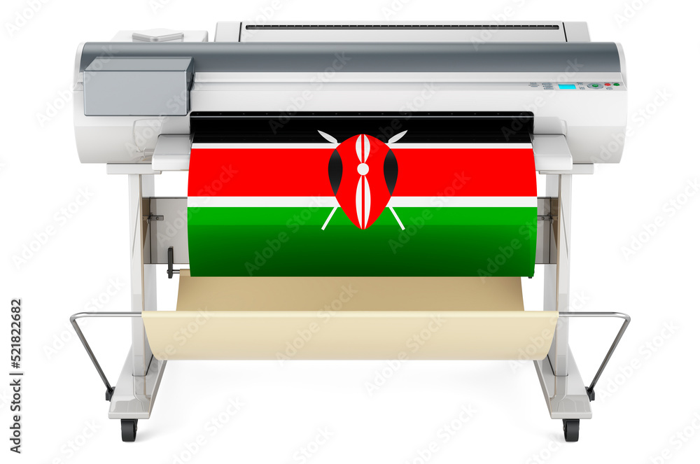 Poster wide format printer, plotter with kenyan flag. 3d rendering
