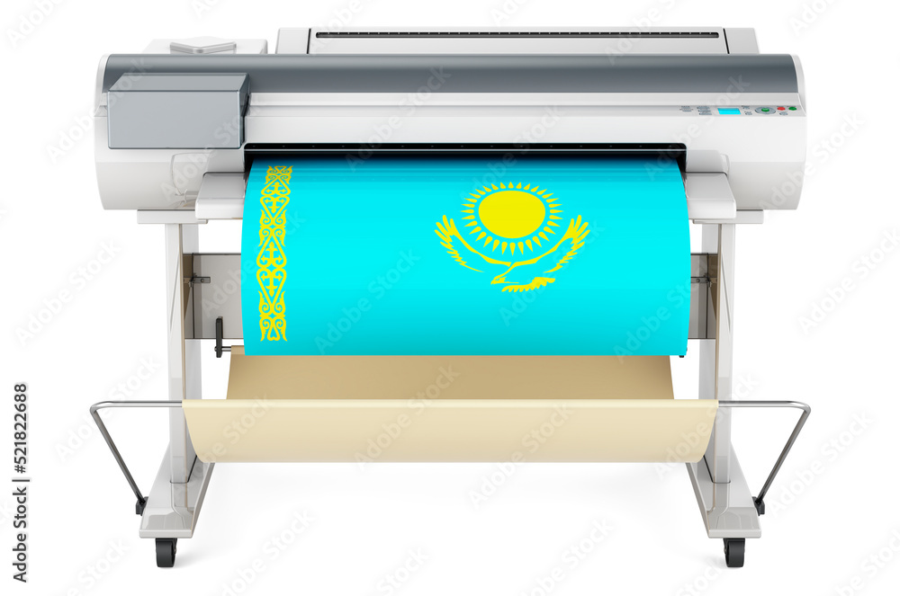 Poster wide format printer, plotter with kazakh flag. 3d rendering