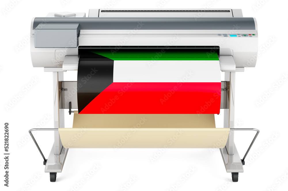 Poster wide format printer, plotter with kuwaiti flag. 3d rendering
