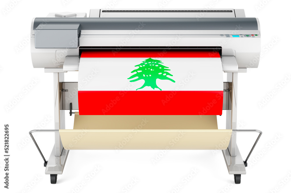 Poster wide format printer, plotter with lebanese flag. 3d rendering