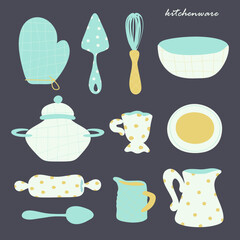 Kitchenware vector. Casserole, rolling pin, whisk, cup, milk jar, spoon. Village style. Old fashioned cook book design.