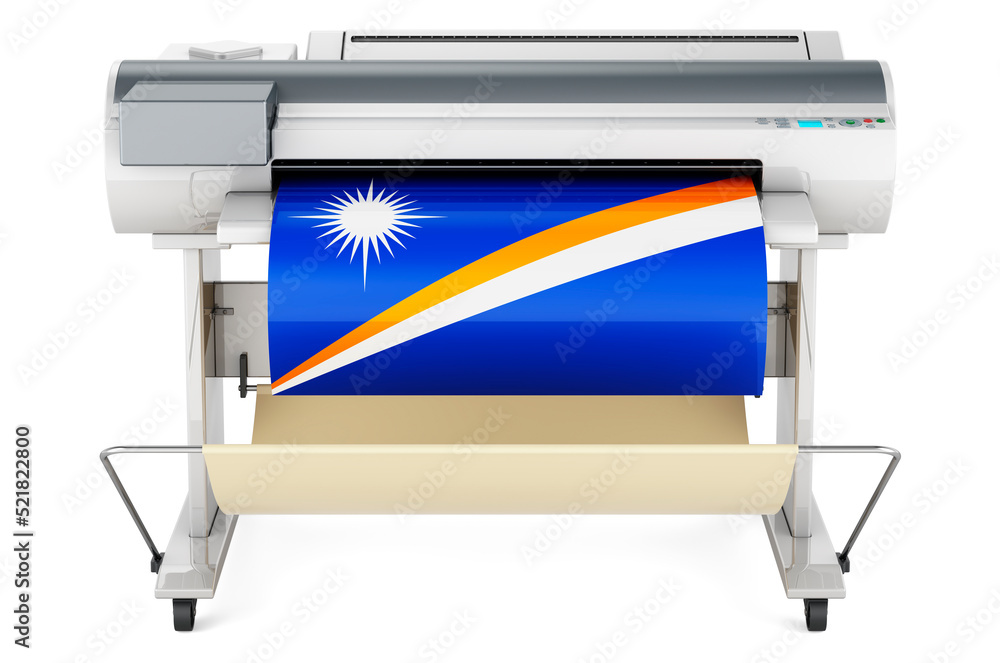 Poster wide format printer, plotter with marshallese flag. 3d rendering