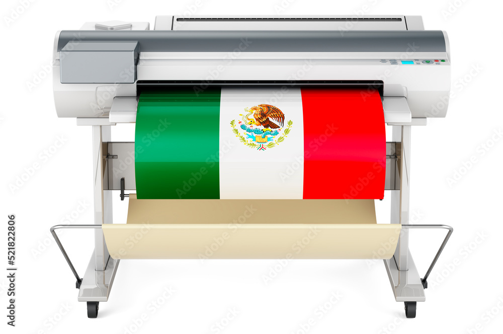 Poster wide format printer, plotter with mexican flag. 3d rendering