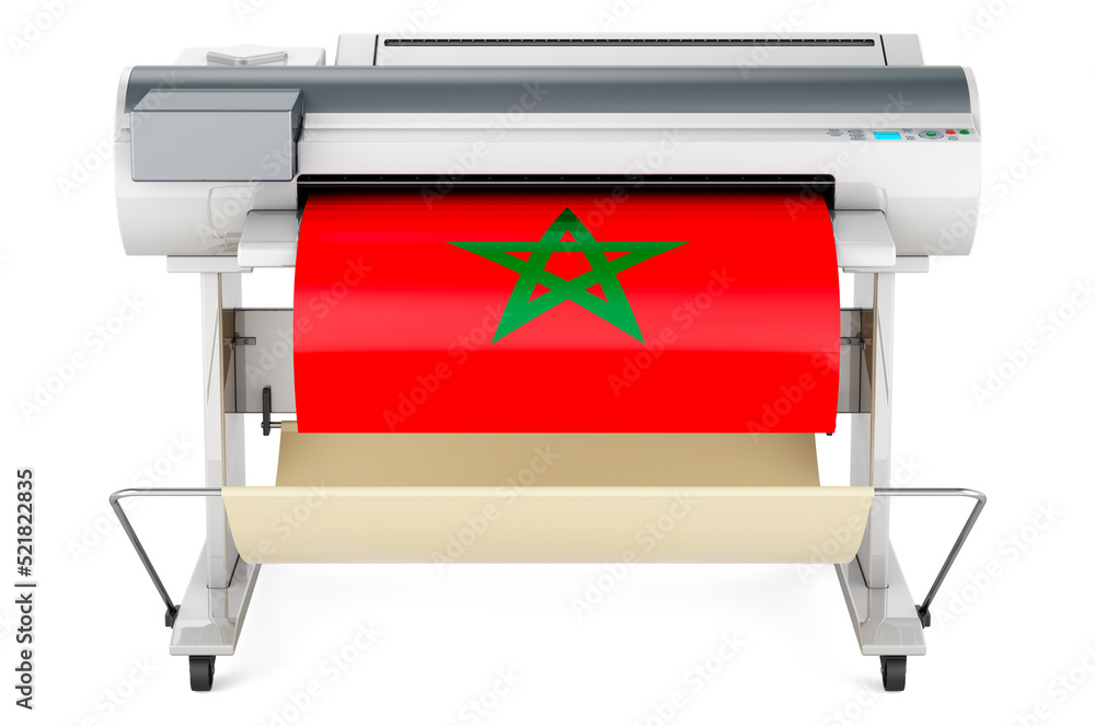 Aufkleber wide format printer, plotter with moroccan flag. 3d rendering