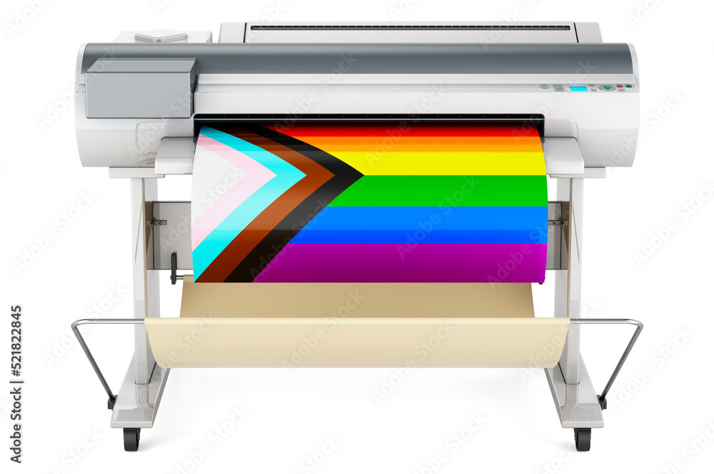 Poster wide format printer, plotter with modern lgbtq flag. 3d rendering