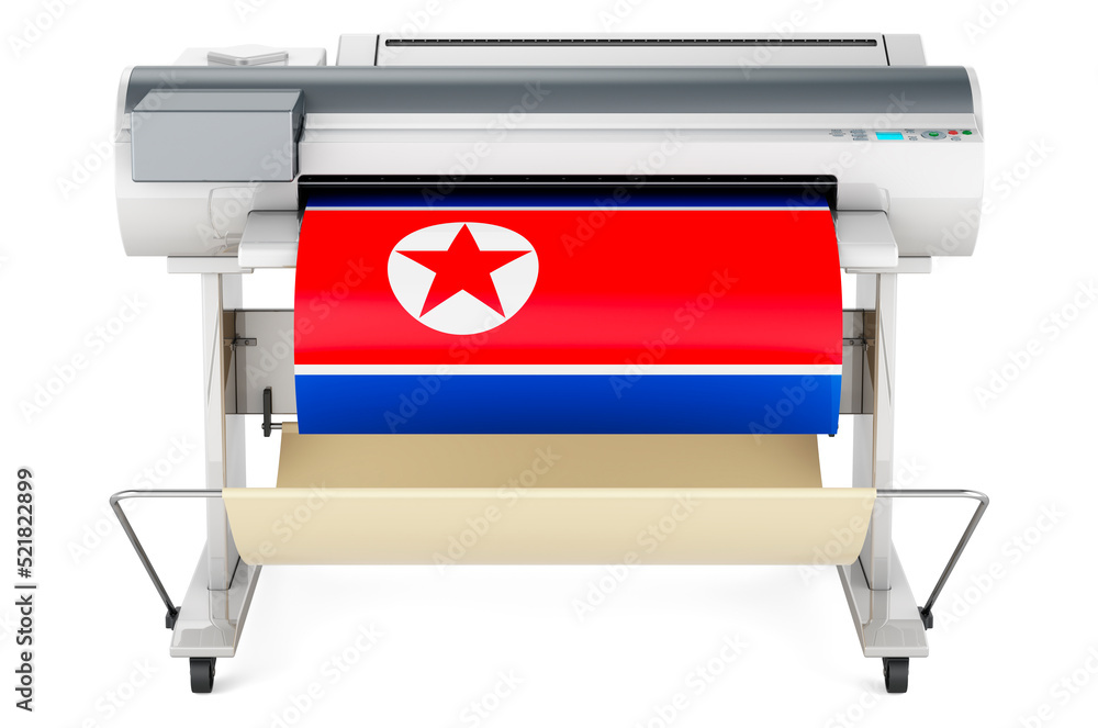 Poster wide format printer, plotter with north korean flag. 3d rendering