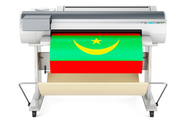 Wide format printer, plotter with Mauritanian flag. 3D rendering