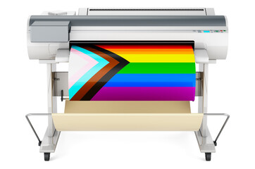 Wide format printer, plotter with modern LGBTQ flag. 3D rendering
