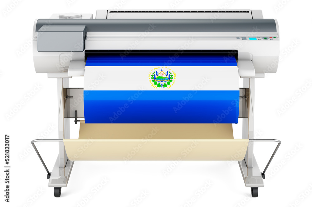 Poster wide format printer, plotter with salvadoran flag. 3d rendering