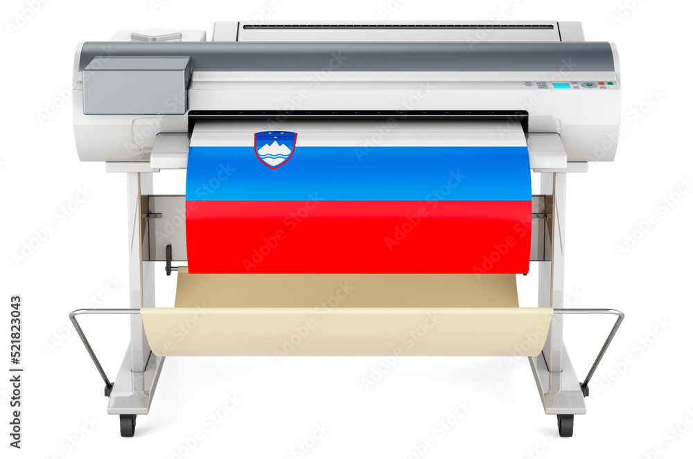 Aufkleber wide format printer, plotter with slovenian flag. 3d rendering