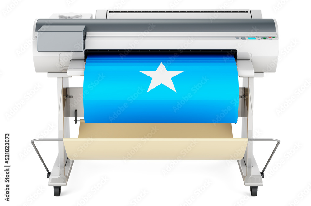 Poster wide format printer, plotter with somali flag. 3d rendering