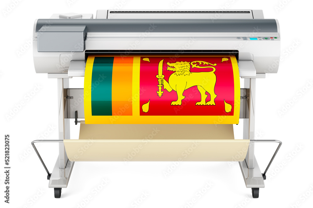Aufkleber wide format printer, plotter with sri lankan flag. 3d rendering