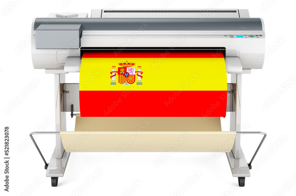 Aufkleber wide format printer, plotter with spanish flag. 3d rendering