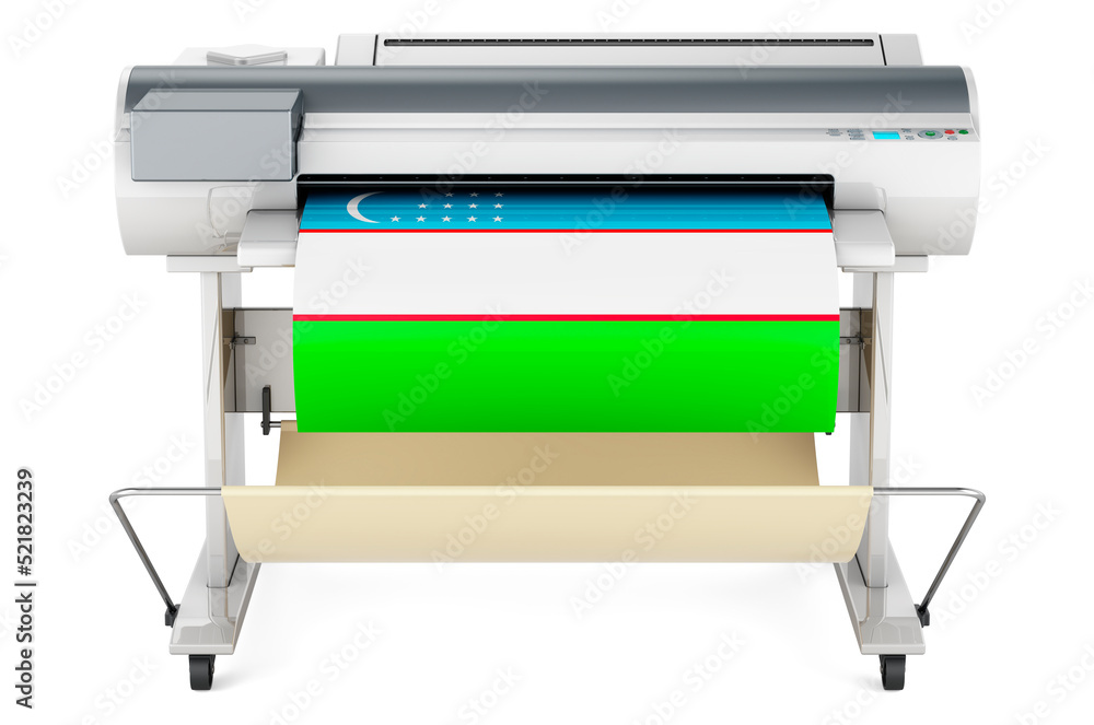 Poster wide format printer, plotter with uzbek flag. 3d rendering