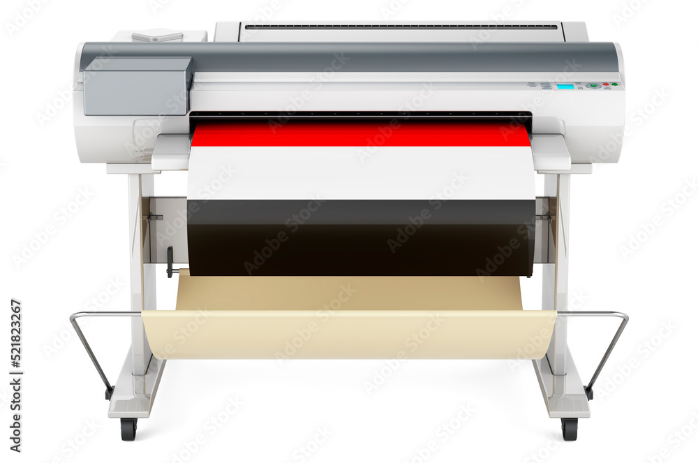 Poster wide format printer, plotter with yemeni flag. 3d rendering