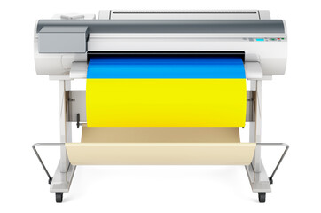 Wide format printer, plotter with Ukrainian flag. 3D rendering