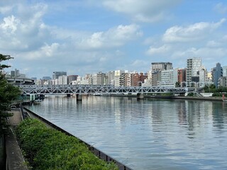 川にかかる橋と川沿いのビル