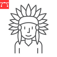 Native American line icon, indian man and headdress, Native American vector icon, vector graphics, editable stroke outline sign, eps 10.