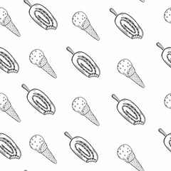 Ice cream outline seamless pattern on white background. Hand drawn illustration