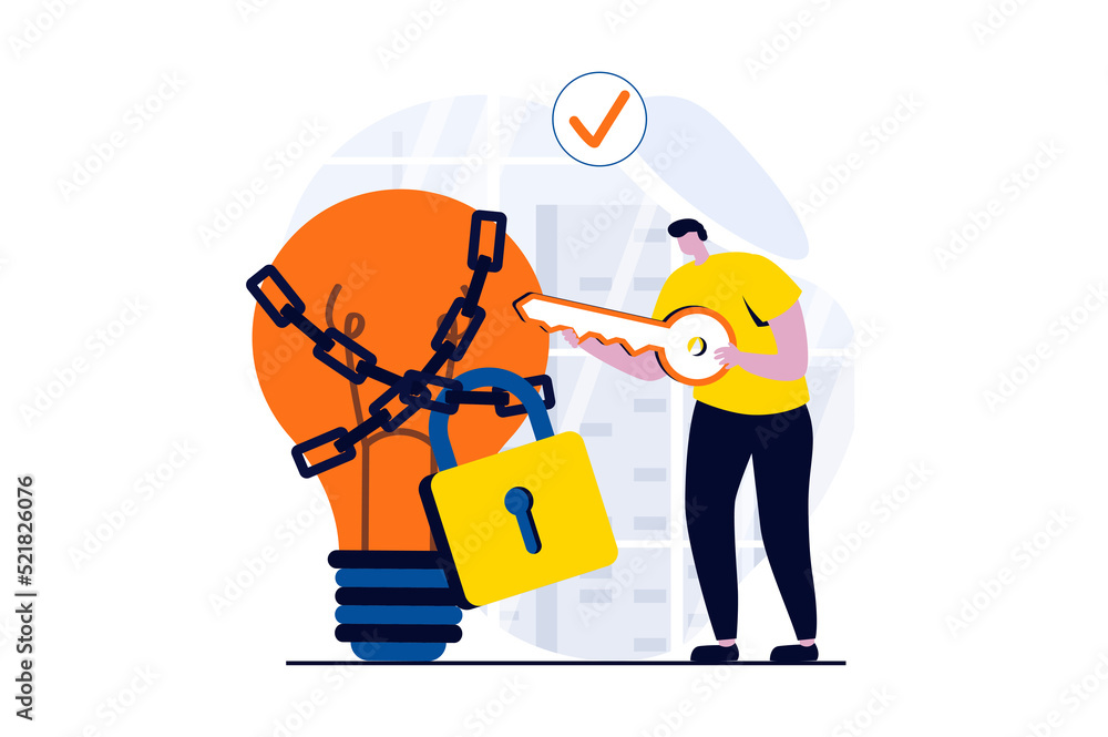 Poster Finding solution concept with people scene in flat cartoon design. Man thinks and chooses keys for padlock on chain at light bulb and generates new ideas. Illustration visual story for web