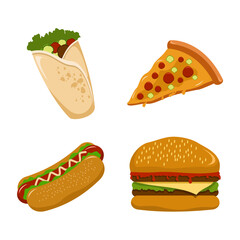 ready-to-eat food, kebab, pizza burger and hotdog illustration