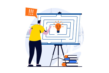 Finding solution concept with people scene in flat cartoon design. Man generates new ideas, prepares business strategy presentation with process improvement. Illustration visual story for web
