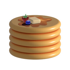 Fluffy stack of pancakes with maple syrup, butter and fresh fruit on white background 3d illustration.