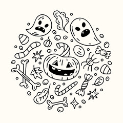 Halloween doodle round illustration with celebration decorative elements. Pumpkin, ghosts, bones, sweets, autumn leaves. For websites, social media and prints. Hand-drawn sketch doodle vector 