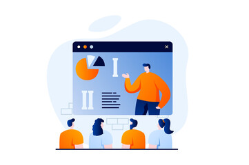 Finding solution concept with people scene in flat cartoon design. Man analyzes data, shows presentation to colleagues at meeting, teamwork and collaboration. Illustration visual story for web