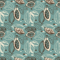 Vector seamless pattern with cocoa beans and leaves on a turquoise background. 