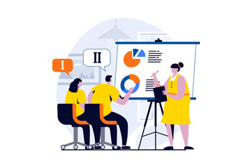 Finding solution concept with people scene in flat cartoon design. Woman shows presentation with data and discusses charts with colleagues at business meeting. Illustration visual story for web