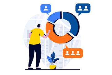 Finding solution concept with people scene in flat cartoon design. Man works with diagram divided into sectors by groups of people, analyzes and brainstorming. Illustration visual story for web