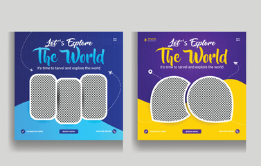 Traveling social media post template, tour advertising business marketing flyer. Summer beach holiday and tour advertising social media banner design. Traveling web banner.