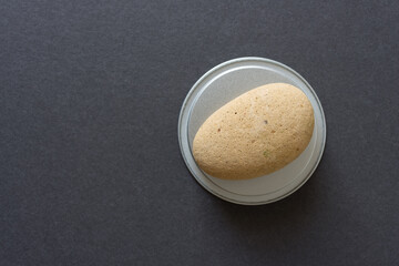 rounded stone (worn brick) on a round metal object on paper