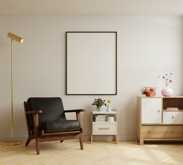 Mock up poster frame with leather armchair in modern interior background.