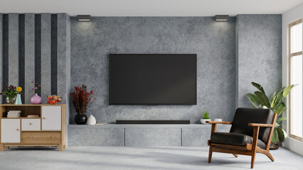 Concrete tv cabinet in living room with leather armchair and decoration minimal.