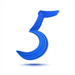 Number 5 of realistic blue paint brush strokes. Numbers isolated on a white background. Number five written smears by deep blue paint. Vector EPS 10
