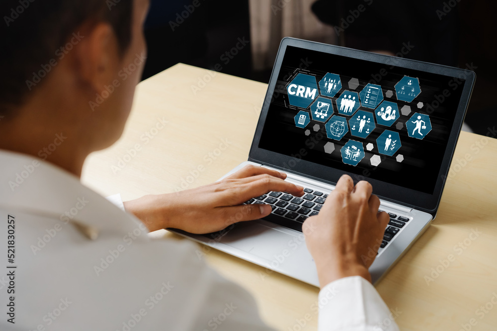Poster customer relationship management system on modish computer for crm business and enterprise