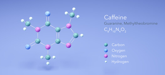 caffeine, Guaranine. molecular structures, 3d rendering, Structural Chemical Formula and Atoms with Color Coding