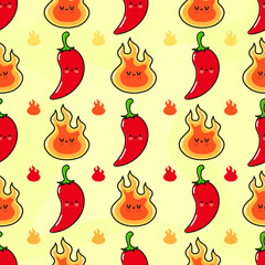 Cute funny fire and chili pepper pattern character. Vector hand drawn cartoon kawaii character illustration icon. Isolated background. Fire and chili pepper character concept