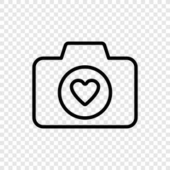 Photo camera with heart simple icon vector. Flat design. Transparent grid.ai