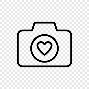 Photo camera with heart simple icon vector. Flat design. Transparent grid.ai