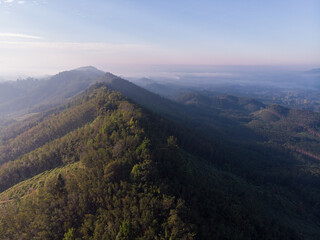 Aerial view mountain sunrise with fog sunrise light morning