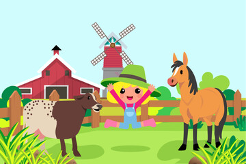 Obraz na płótnie Canvas Cute animals in ranch, Farm and agriculture. illustrations of village life and objects Design for banner, layout, annual report, web, flyer, brochure, ad.
