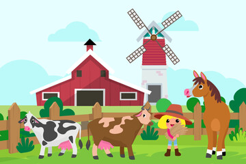 Obraz premium Cute animals in ranch, Farm and agriculture. illustrations of village life and objects Design for banner, layout, annual report, web, flyer, brochure, ad.
