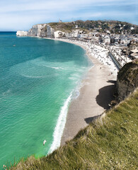 View over the cliffs of &Eacute;tretat and the beach on the Atlantic coast of Normandy, France