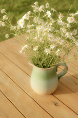 A large clay mug of white flowers. Daisies in a big bouquet