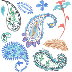 Watercolor Painting Paisley Elements