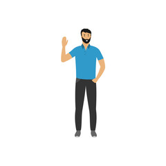 Hombre de cuerpo completo levantando la mano. Persona de género masculino con barba